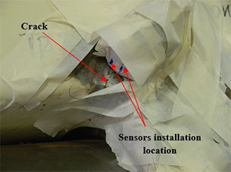 The location of the sensors installation near the crack